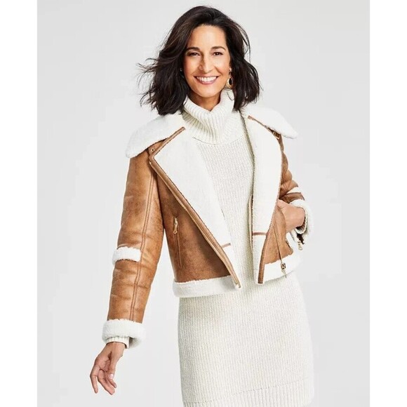 I.N.C. International Concepts Women's Cropped Faux-Leather Aviator Jacket Tan XL - Picture 4 of 10